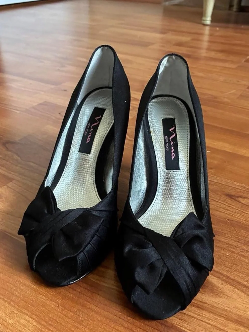 Women's Black Satin Bow Peep-Toe Heels - Elegant Evening Pumps